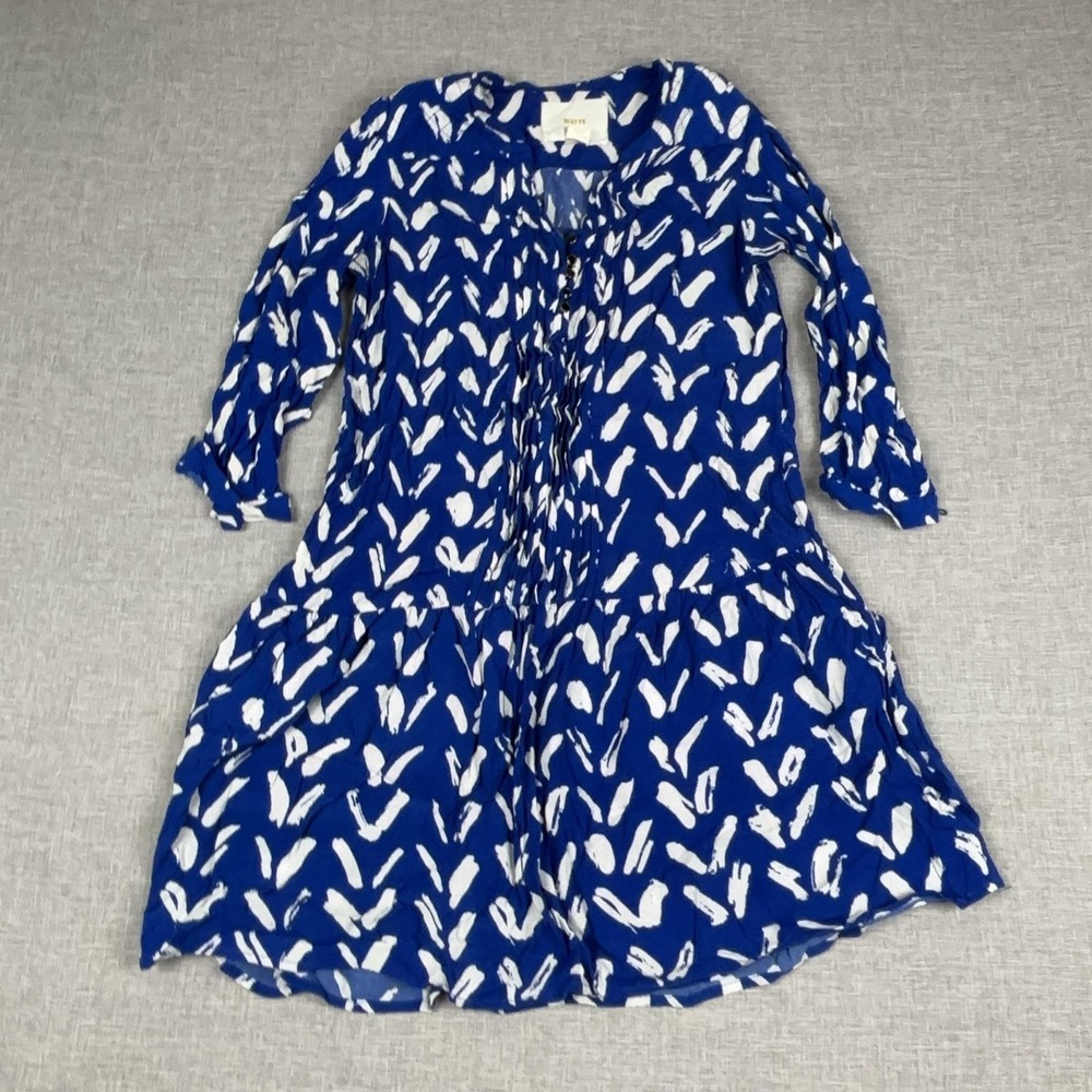 Maeve Anthropologie Dress Womens XS Blue Geometric Henley 3/4 Sleeve